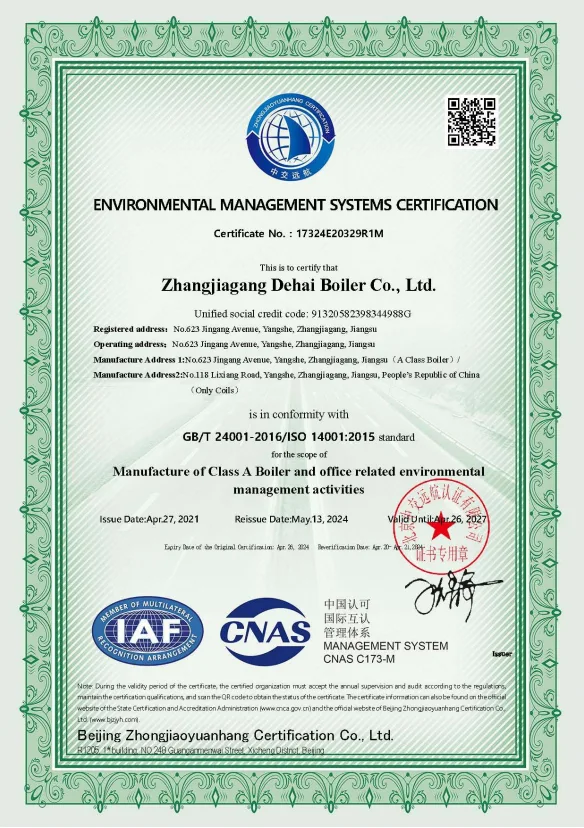 DHB Boiler ISO 14001 Certificate for Environmental Management and Green Manufacturing